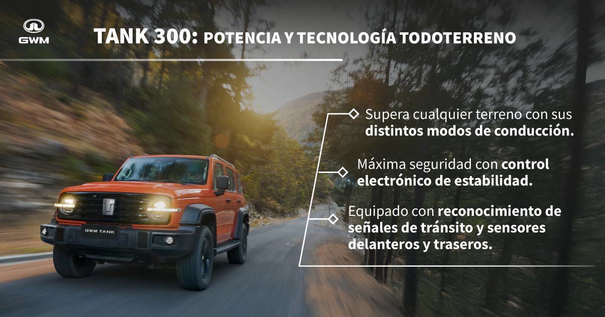 Auto SUV Tank 300 en camino extraurbano.